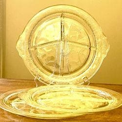 (3) 1930s Hocking “Cameo” Ballerina Dancing Girl Yellow Depression Glass Tab-Handle Grill Plates