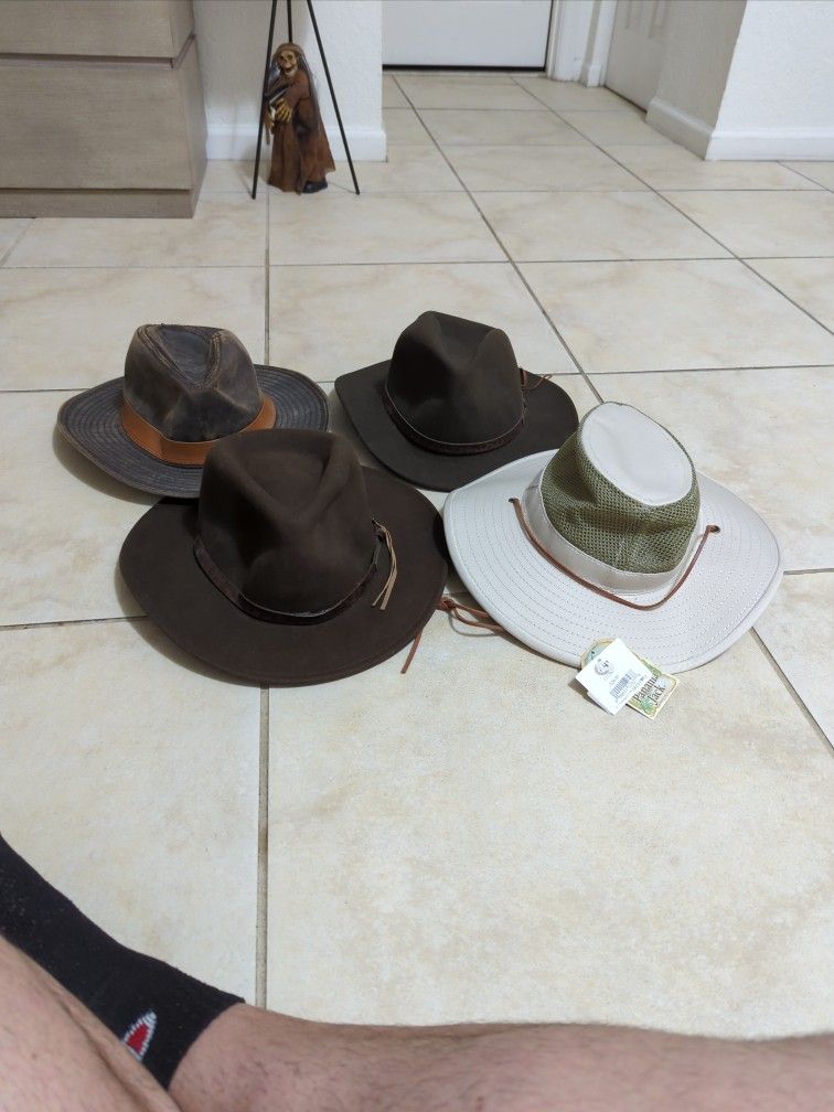 Three Indiana Jones Hats And One Panama Jack