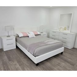 White Queen Bed,  Dresser With Mirror And Two Nightstands 