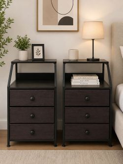 Night Stand with Charging Station, 27 Inch Tall / 16x 16 width. Side Table with Fabric Drawers and Storage Shelf, Bedside Table with USB Ports & Outle