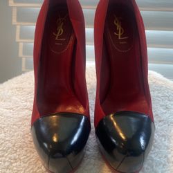 YSL High Heels, Red Swede/ Black Leather, Size 41