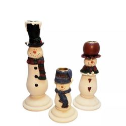Primitive Christmas Pottery Snowman Family Set Of 3 For Tapered Candles Holder 