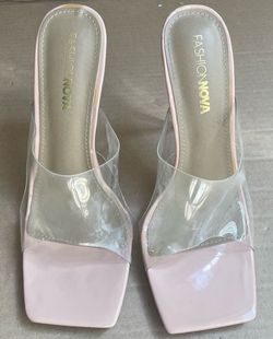 Women’s Pink/Clear Square Toe Slip-On Mule Heels w/ Clear Heel, Size 8 clean
