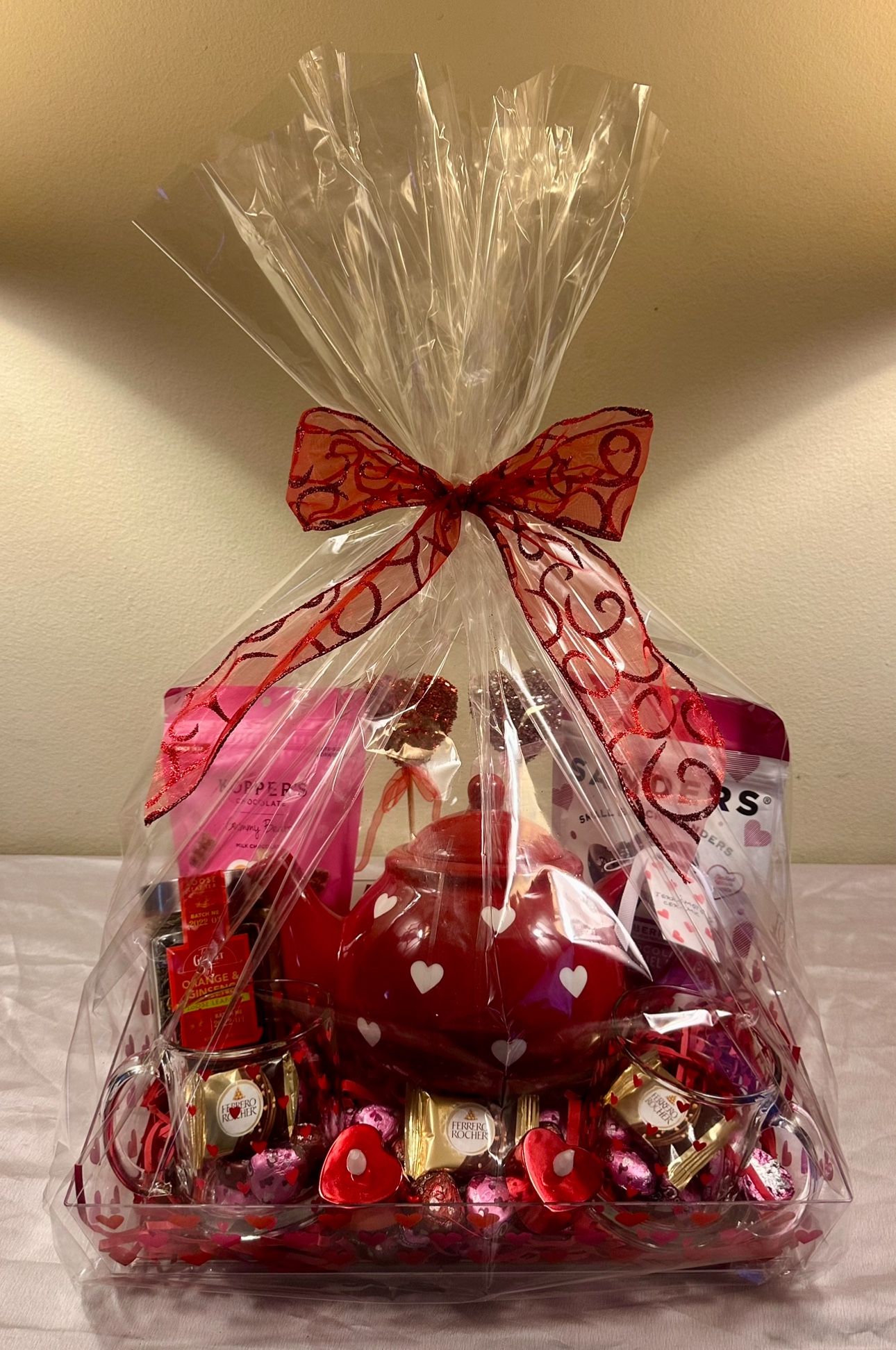 Valentines Gift Basket. Red With White Heart Ceramic Tea Kettle And Two Mugs.