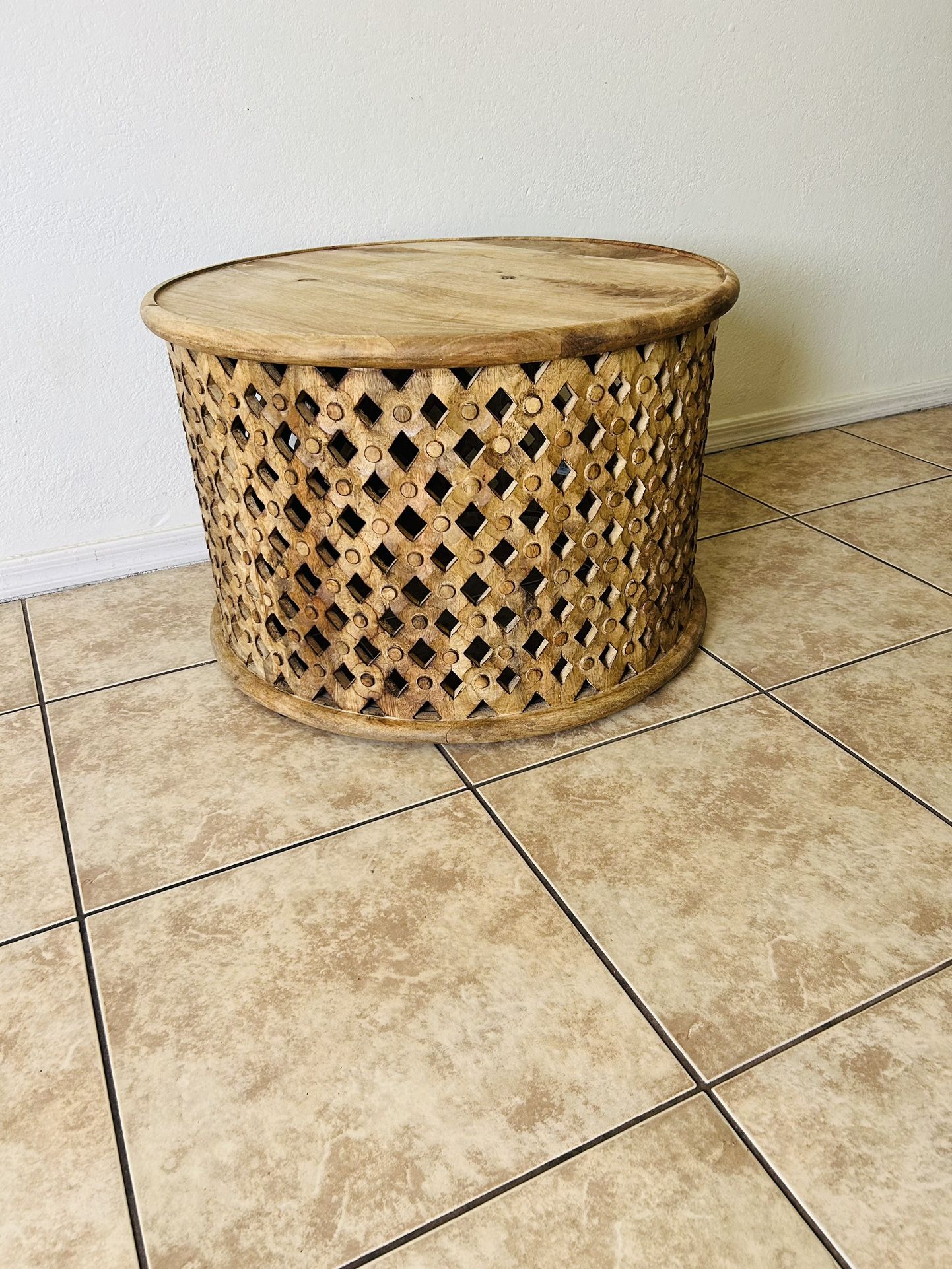 Round table aged driftwood  carved  wood lattice coffee table 18 inches tall 27 inches wide