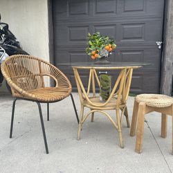 Vintage Bamboo Dining Or Patio Table With Chair And Stool 