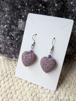 Genuine amethyst and lava rock heart earrings