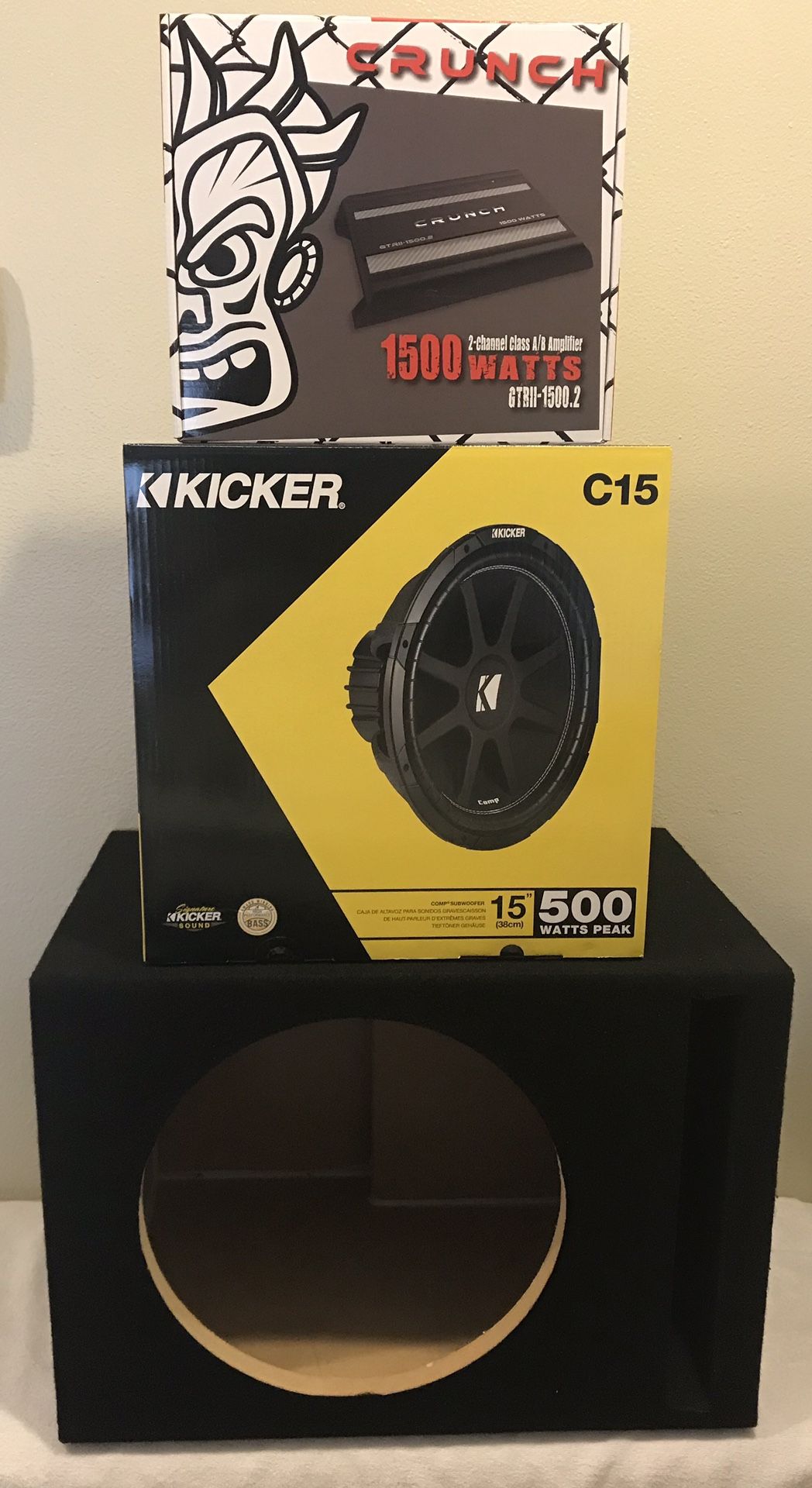 New 15” inch KICKER Comp Subwoofer + 1500 Watts CRUNCH Bass Amplifier Package w/ 15” Ported Box 🔊🔥💰