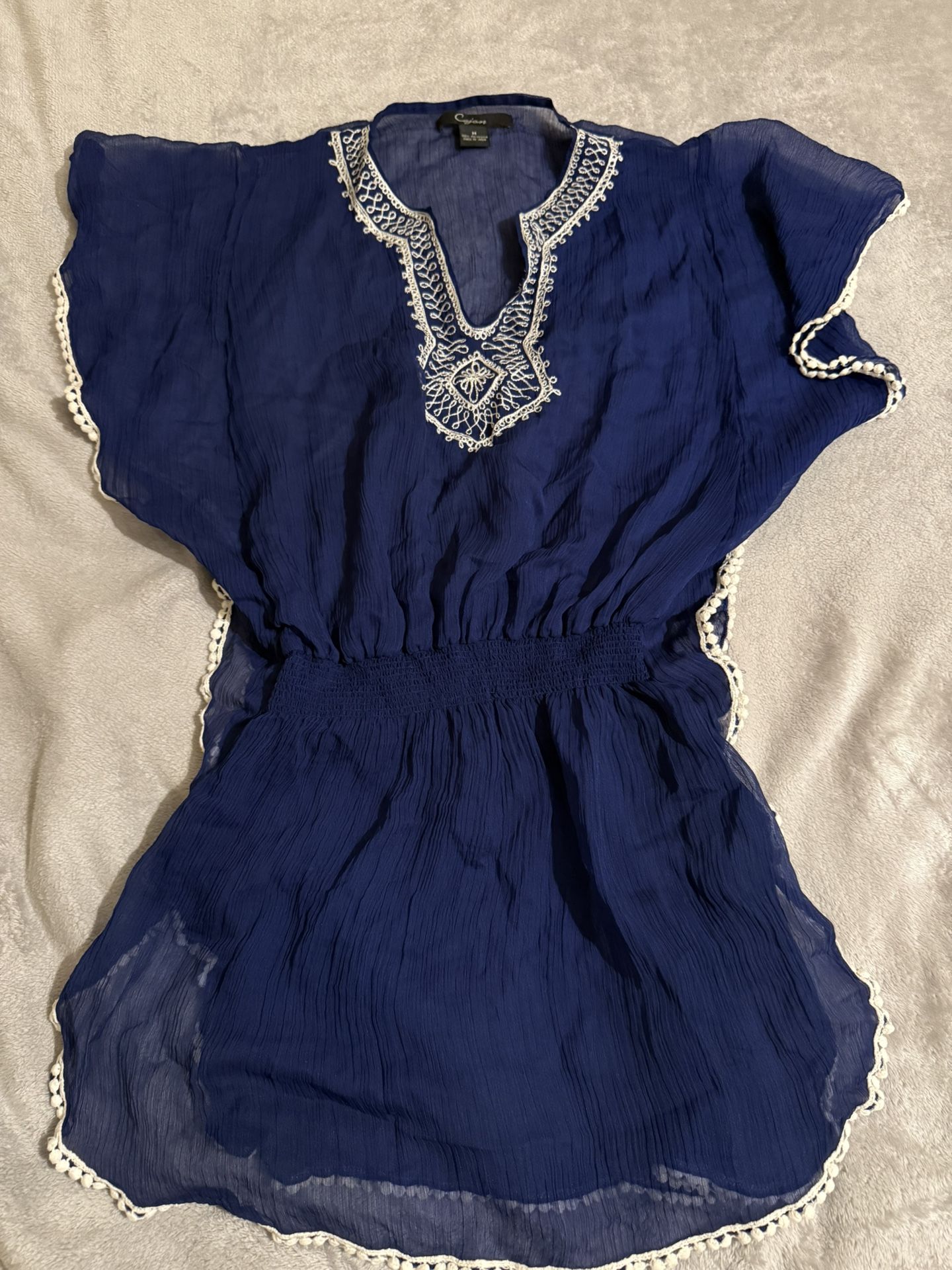 Cejon Womens Size M Blue Embroidered Sheer Cover Up Swim Blouse