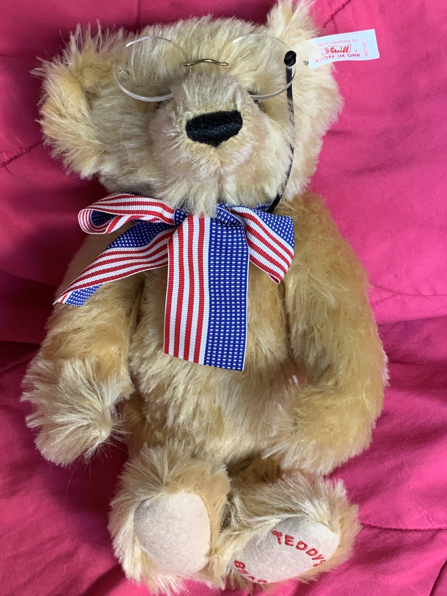 New Vintage Steiff 1998 Teddy's Bear Knopf IM OHR Patriotic Bear American Flag Cash only