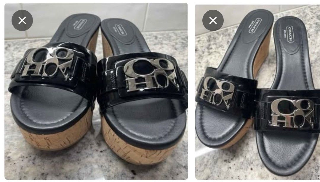 NWOT Coach Slip On  Black Patent Leather Cork Wedge Sandals Size 8.5