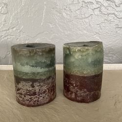 DW Home Candles- pair of Aegean Sea Candles 3x4 - two tone Green/brown 