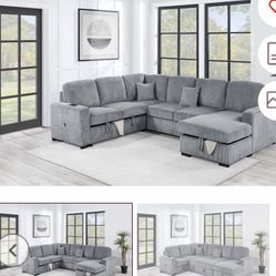 $649-4Piece Convertible Sectional  Sleeper Sofa ,Chaise Storage ,Sofa Storage & USB Ports 98” x 103” x 61” x36”H