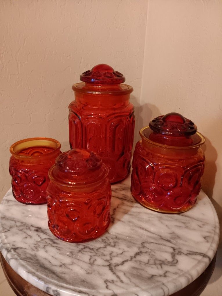 $65 Vintage LE Smith MCM Amberina Moon/Stars Canister Set of 3 with Extra Jar/No Lid Last pic show chip
