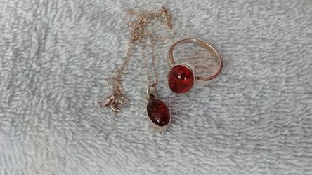 Sterling and Amber Ring and Necklace Set #54