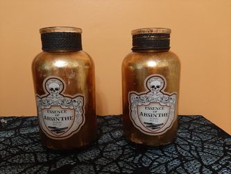Set of 2 gold leafed apothecary/ potion bottle decor 7.75in~Essence of Absinthe