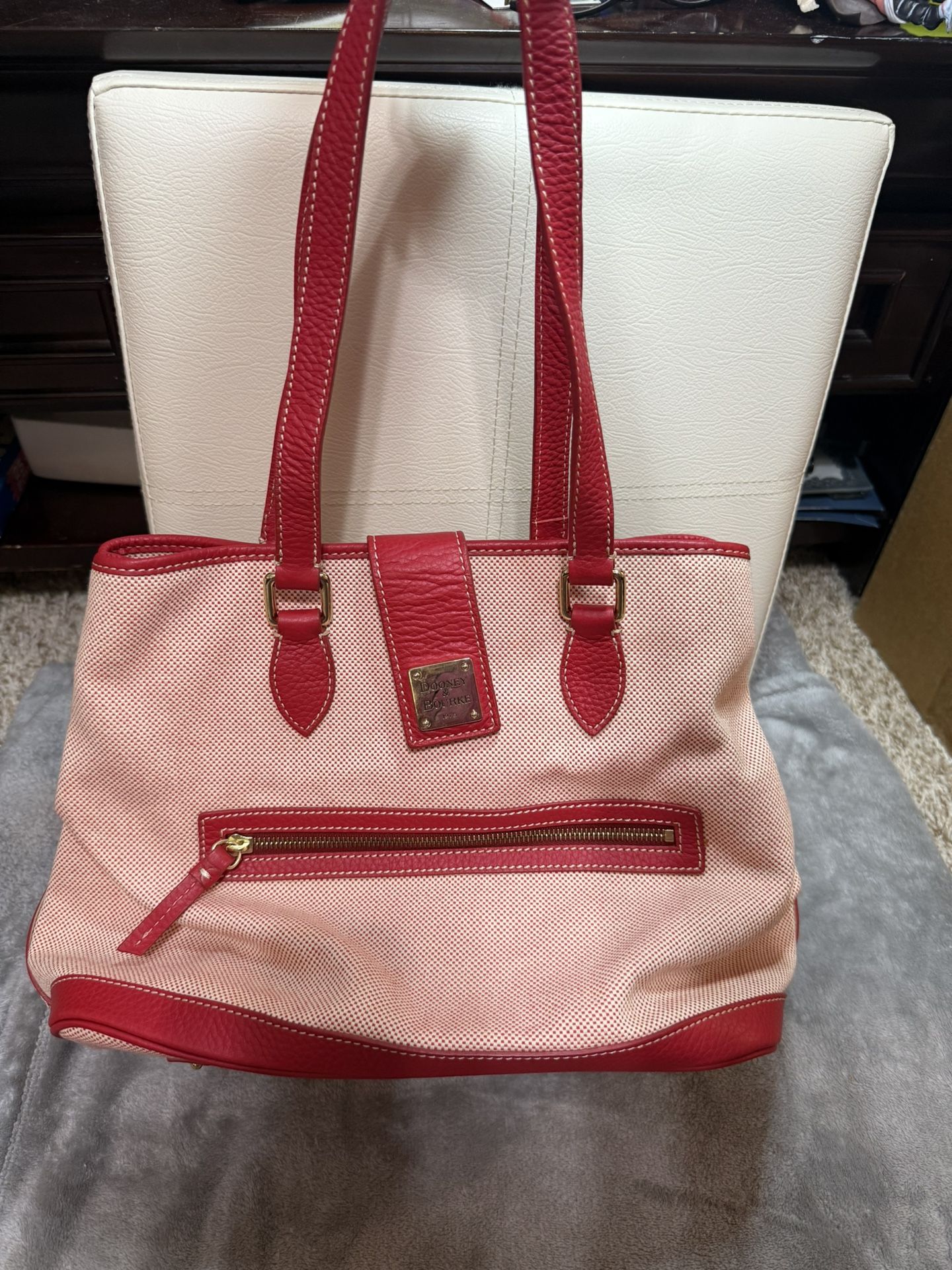 DOONEY & BOURKE Red & Cream Canvas Leather Satchel Tote Shoulder Hobo Bag Purse