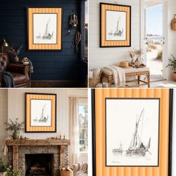 Vintage Bayard Sailboat Print - Orange Striped Mat - Leon Stacks Frame