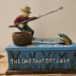 "The One That Got Away" Antique Cast Iron Piggy Bank