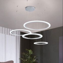 4 Rings Silver Modern Round Pendant Light Modern Chandeliers Dimmable LED Ceiling Lighting for Hallway Living Room Kitchen Entryway Bedroom, 110W, 300