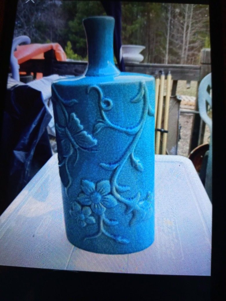 $35 Teal Colored. Vintage Vase With Butterfly And Flower Designed On Front, Its 15 In Tall