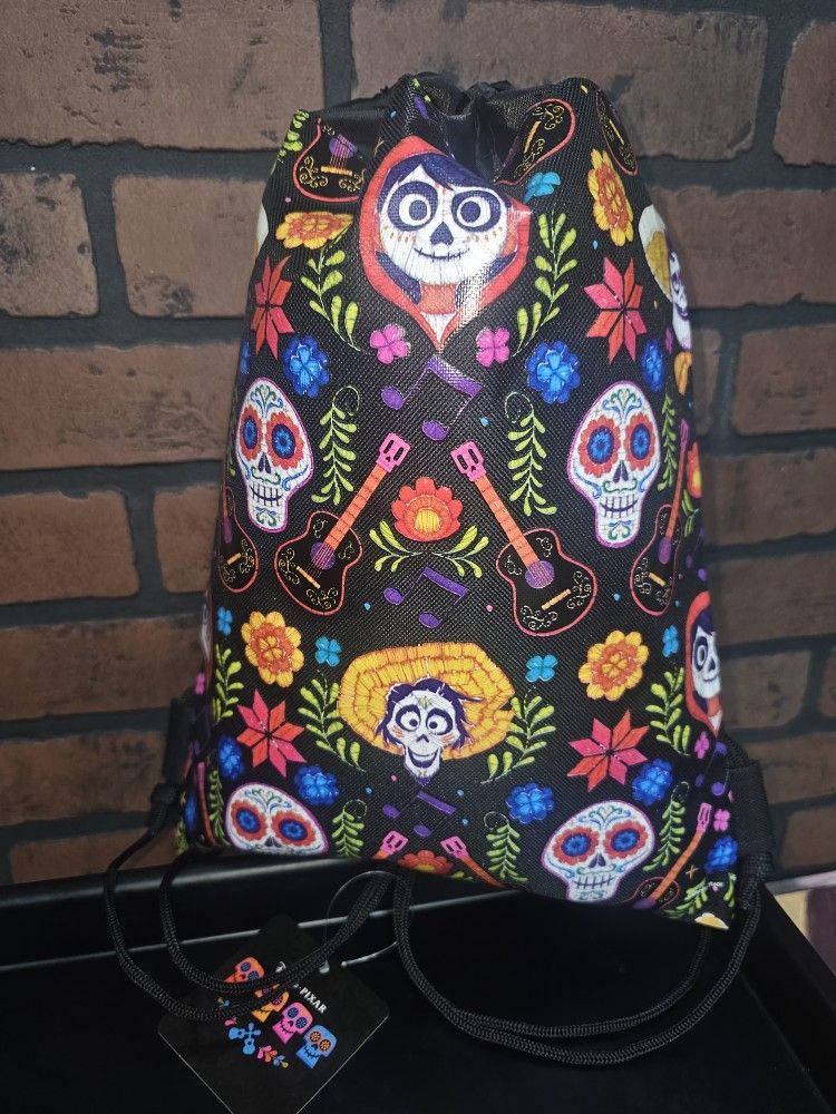 Disney Coco Drawstring Backpack Sugar Skull Design Gym Sling Tote Bag
