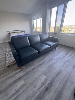 Mid-Century Modern Dark Blue Leather Sofa