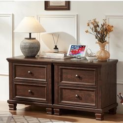 New in box Farmhouse Nightstand Set of 2, Rustic Low Nightstands with 2 Drawers & Charging Station, Vintage Night Stands with 4 Square Solid Wood Legs