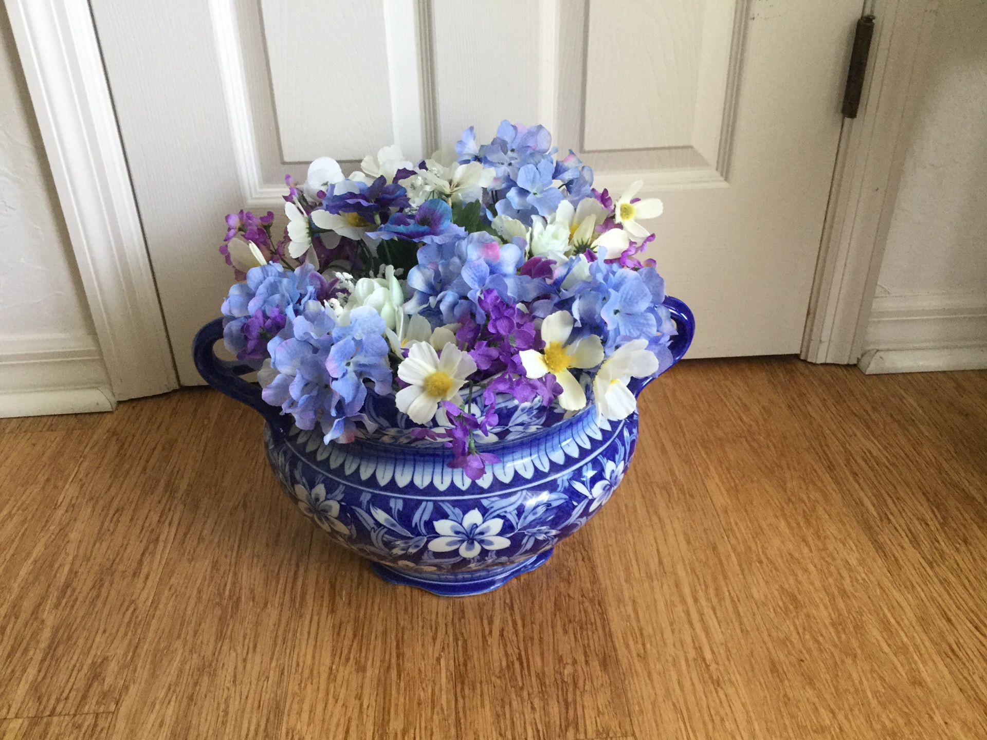 Blue & Purple Flower Arrangement in Ceramic Blue Floral Vase