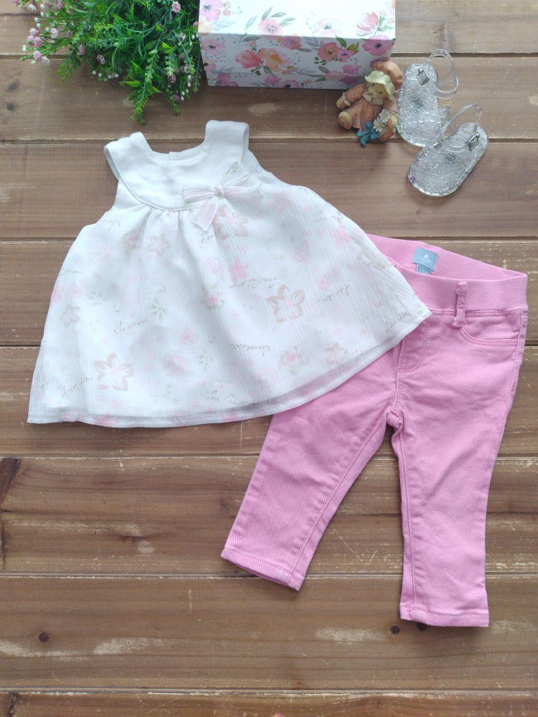 3-6MOS 2-PIECE OUTFIT SLEEVELESS WHITE & PINK FLORAL/HEARTS PRINT SHEER HALTER TOP W/ROSE PINK DENIM JEANS
