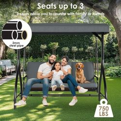 Patio Swing with 45° Tilt Canopy & Removable Seat Cushion, Converting Heavy Duty 3-Person Glider Bed for Outdoor Lounging by Pool, in Yard