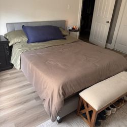 Grey Upholstered Queen Platform Bed Frame