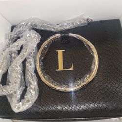New. Abbott Lane Silver Emblem Initial "L" All Leather Handbag W/Hoop Handles & Silver Chain Strap
