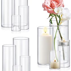 44 Pcs Glass Clear Cylinder Decorative Vases Different Sizes (4", 6", 8", 10" High), New