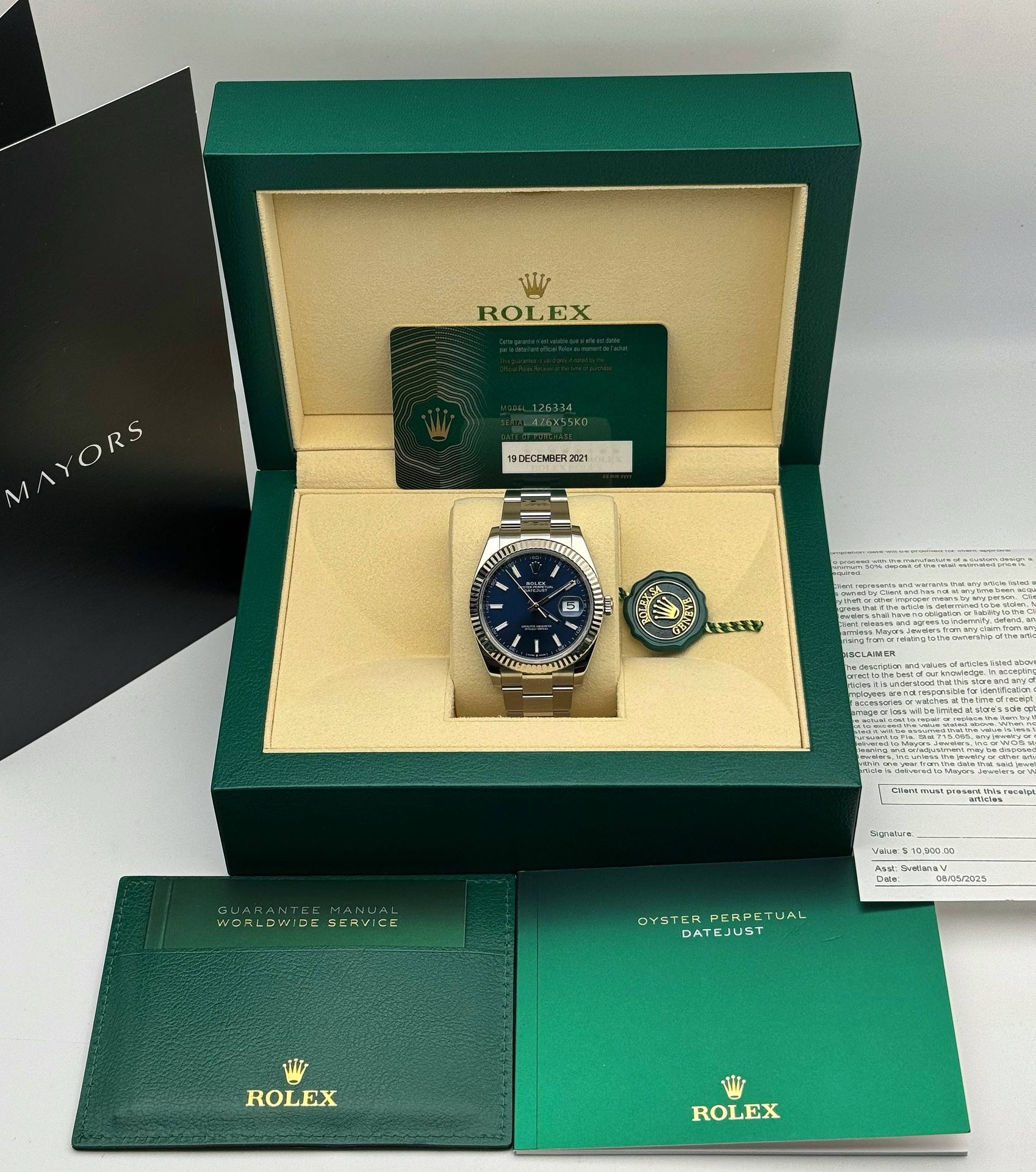 2021 Rolex Datejust 41mm stainless steel oyster bracelet 18k white gold fluted bezel blue stick dial 126334 bracelet box card FULL SET MAYORS