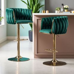 Velvet Adjustable Bar Stools with 360¡ã Swivel, Footrest & Metal Legs, Set of 2