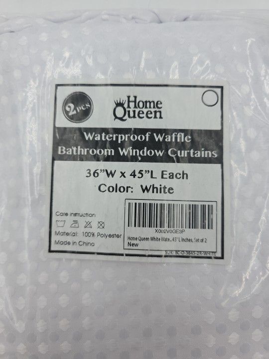 Waffle Bathroom Window Curtains, Water Repellent 36"W x 45"L (Pack of 2) White