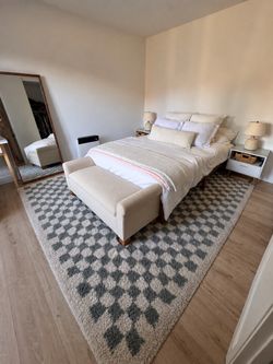 Green and white checkered bedroom rug