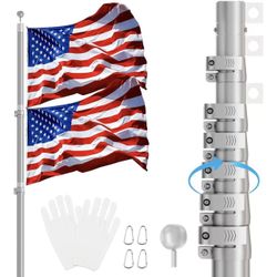 20FT Telescoping Flag Pole Kit,Heavy Duty Aluminum Flag Poles for Outside Inground with 3'x 5' American Flag & Black Ball Topper, Flag Pole Kit for Ya
