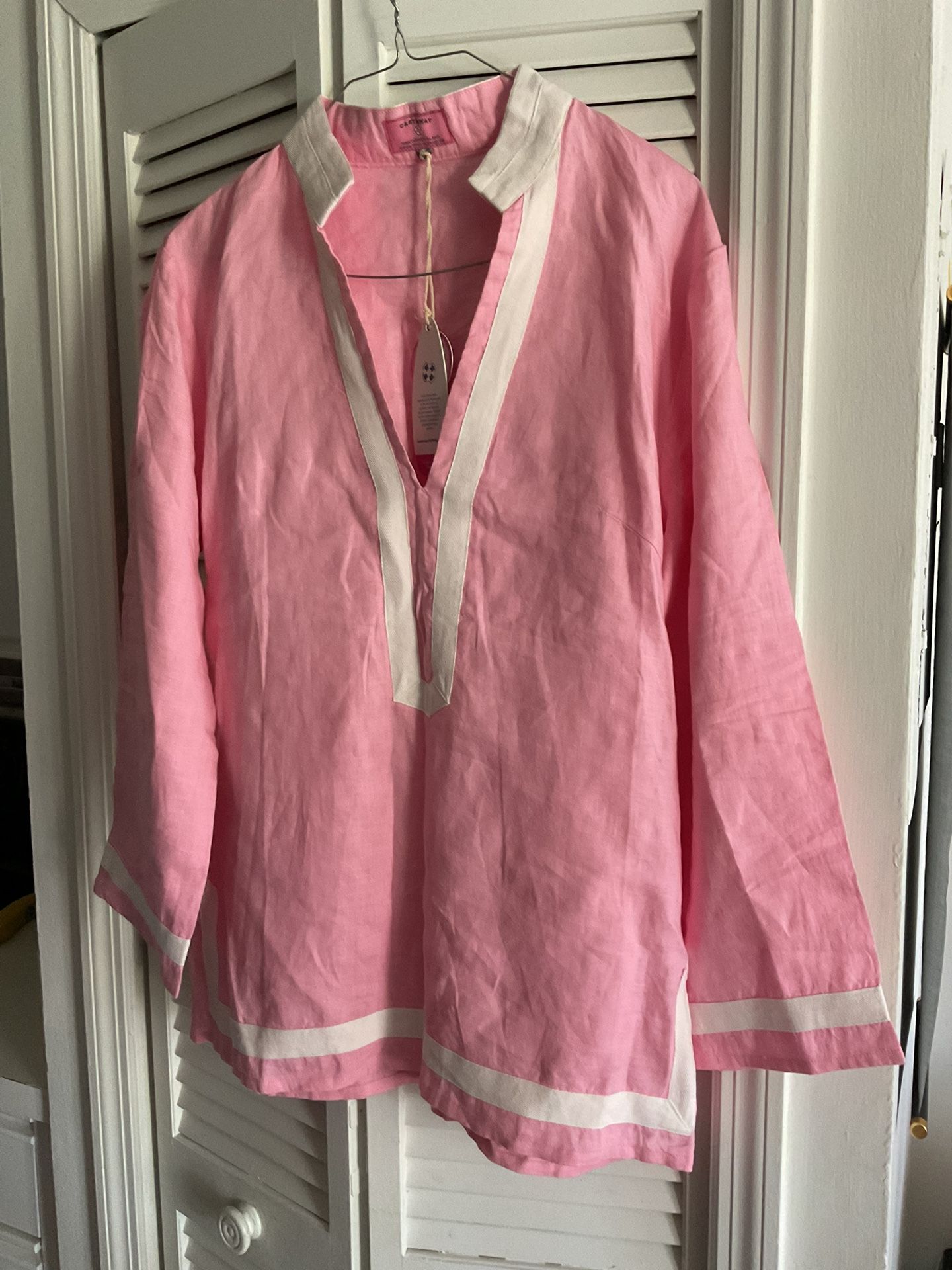 New Castaway Pink Linen Tunic Top with White Trim SizeXL