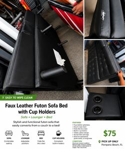 Black Faux Leather Futon Sofa Bed with Cup Holders – Converts to Bed