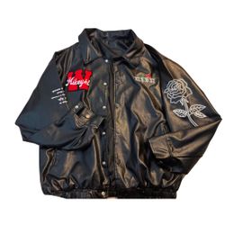 Black Leather Jacket with Embroidery 