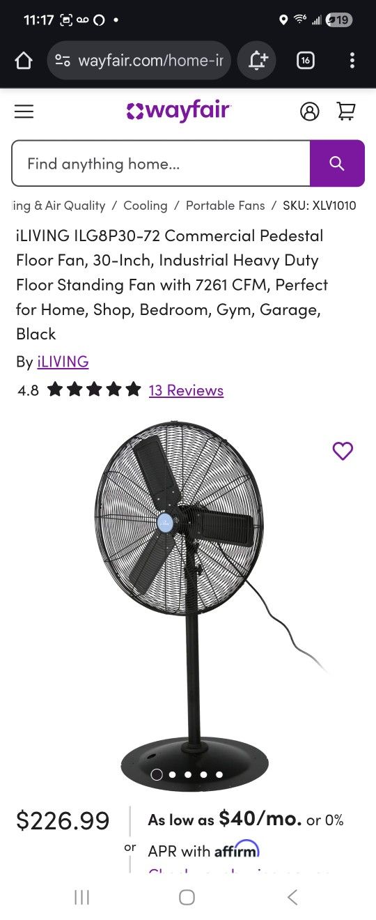 $226 Fan for $90.  iLIVING ILG8P30-72 Commercial Pedestal Floor Fan, 30-Inch, Industrial Heavy Duty