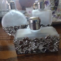 3 Vintage Frosted glass and Metal Perfume Bottle Set