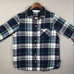 Old Navy Shirt Women's Large Blue Plaid Classic Boyfriend Button Up Long Sleeve
