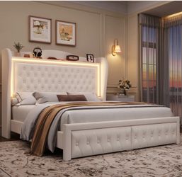 Velvet Upholstered Platform Bed with LED Lighting and Storage Drawers