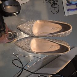 These are a pair of women's pointed-toe pumps from the "Blossom" collection, featuring a textured, shimmering silver exterior.
