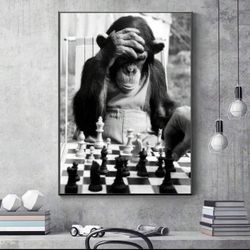 1pc,Canvas Poster, Modern Art, Monkey Play Chess, Animal Poster, Ideal Gift For Living Room, Kitchen, Decor Wall Art Wall Decor