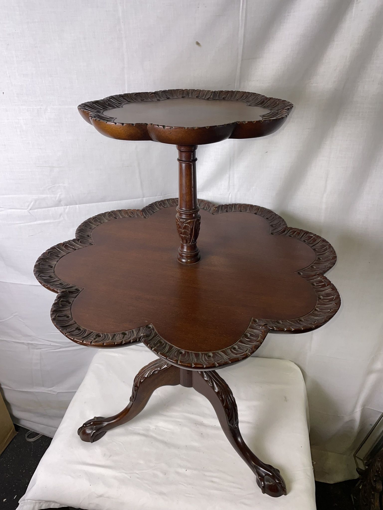 ANTIQUE MAHOGANY TWO TIER PIE CRUST EDGE TABLE