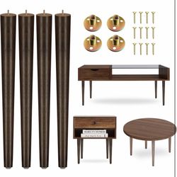 Yes4All Round Brown Wood Table Legs 16 Inches - Mid Century Replacement Feet for Coffee Table, End Table - Stable Rubber Wood Parts for Nightstand wit